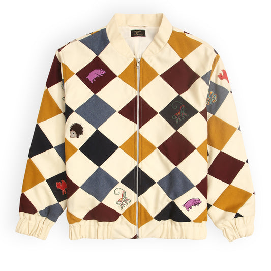 “Parker multicolour patchwork bomber jacket with oversized hand embroidery”