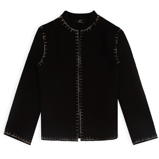 Brown beaded wool jacket, Olivia women with Bungle Beadwork details
Brown womens beaded wool jacket — very stylish, some bead embroidery