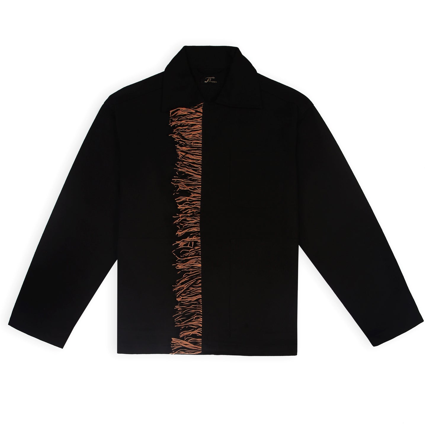 A black denim jacket with embroidered cat design on the back and wool fringes along the placket.