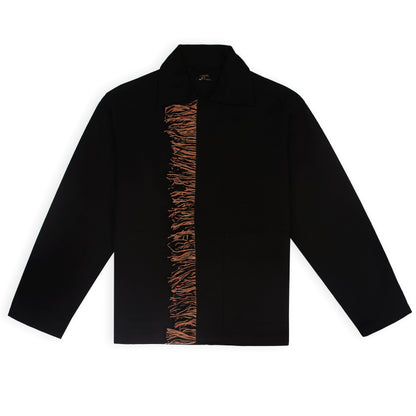 A black denim jacket with embroidered cat design on the back and wool fringes along the placket.