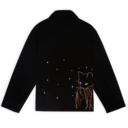 This black Luna unisex denim jacket is embroidered with wool.