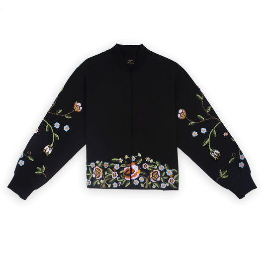 Front view of the beaded Charlie Denim Unisex Jacket Some examples of alt text are “Black 
denim jacket (unisex) has beaded embellishments on sleeves” and “Charlie denim jacket in black 
with intricate bead detailing.”