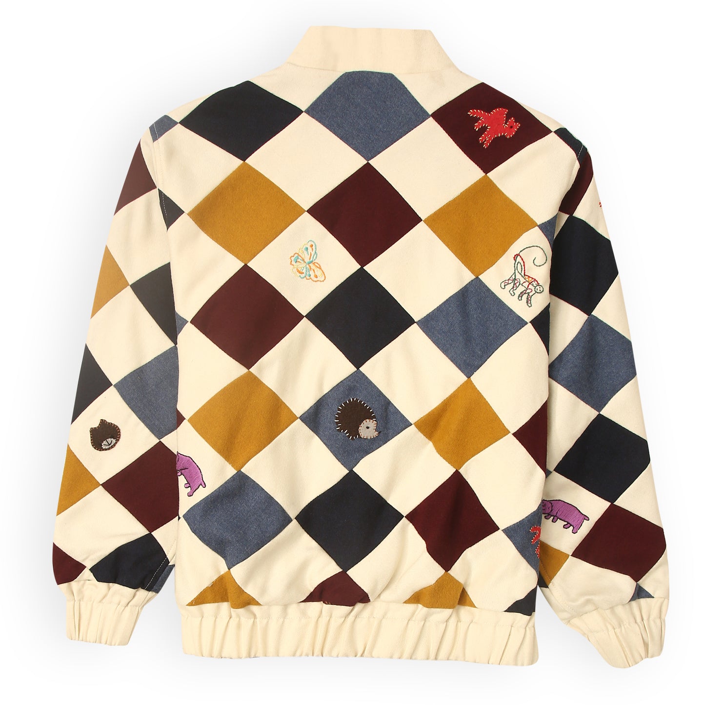 “Parker multicolour patchwork bomber jacket with oversized hand embroidery” 
