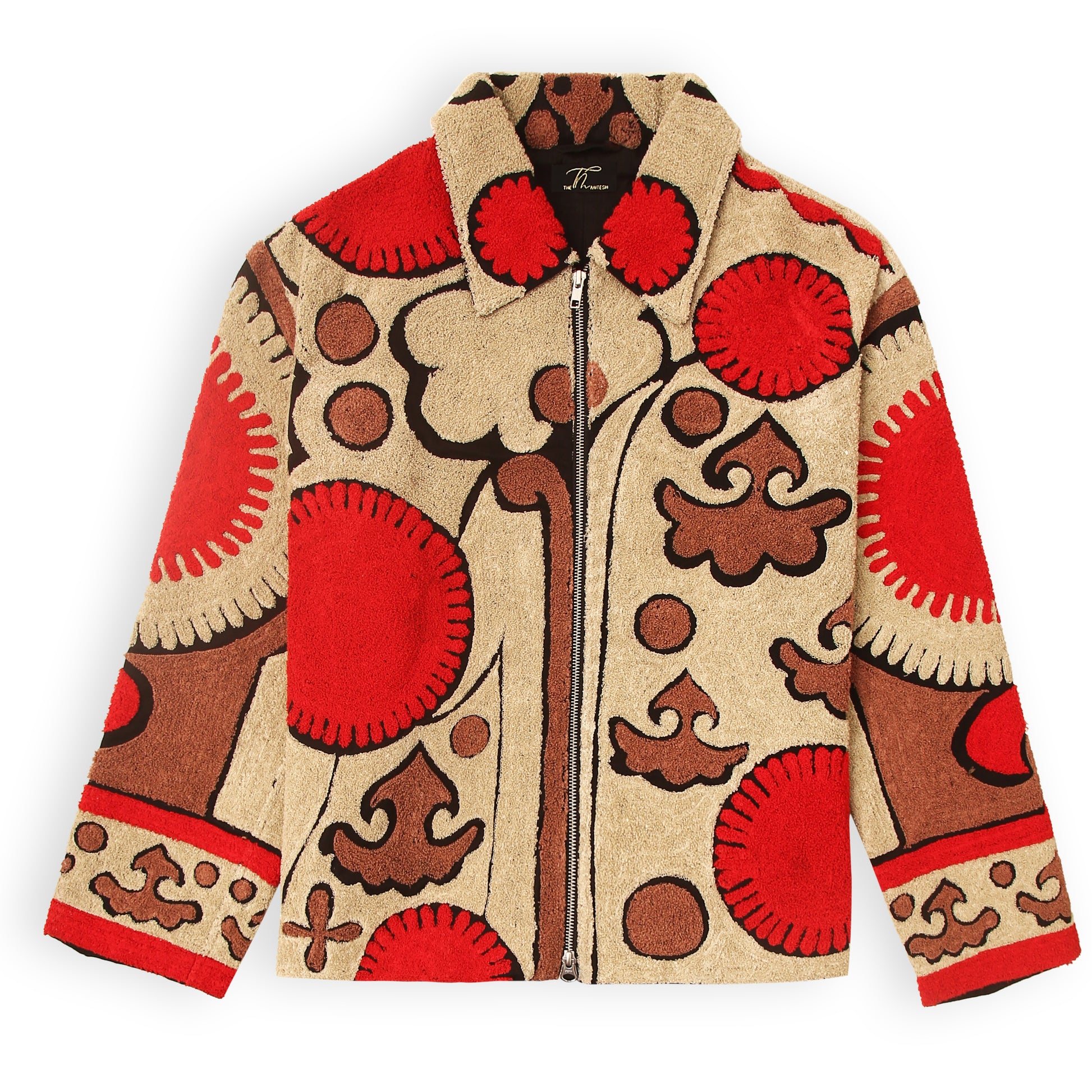 “Geo cut with elbow patches in suedette to make this a durable stylish unisex coat jacket 3D 
embroidery raised multicolour
