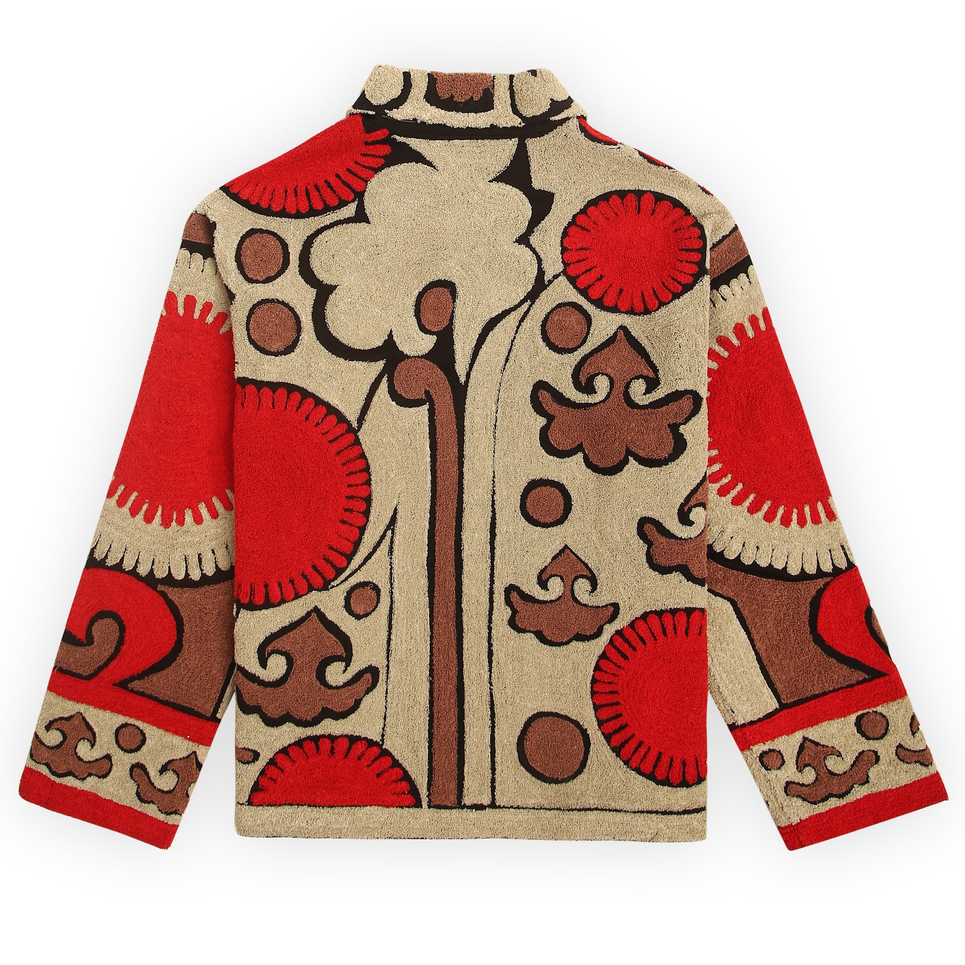 “Geo cut with elbow patches in suedette to make this a durable stylish unisex coat jacket 3D 
embroidery raised multicolour