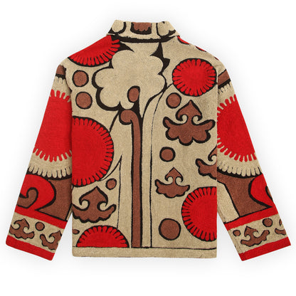 “Geo cut with elbow patches in suedette to make this a durable stylish unisex coat jacket 3D 
embroidery raised multicolour