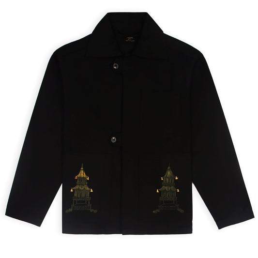 A black unisex hand-painted jacket featuring chinoiserie artwork on the sleeves.