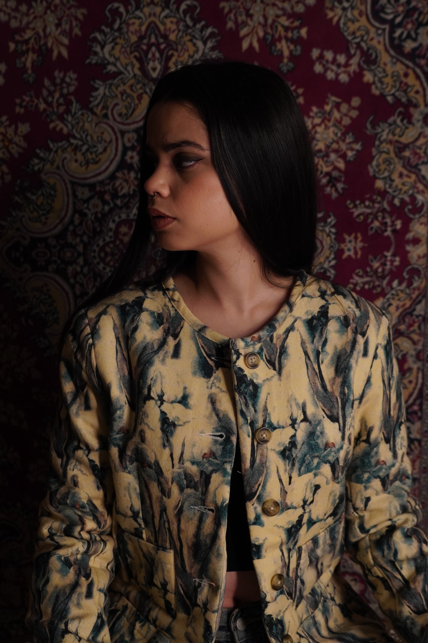 This piece of clothing has been referred to on the Bee as the “Noor women’s 
multicolored fleece wool quilted jacket with warm quilting.” A fashionable fleece quilted 
wool coat in a shocking colorful panels for women