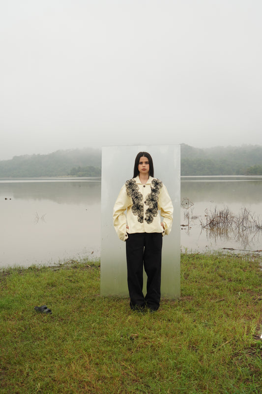 “Beige Elara women’s cotton shacket in petal applique design” 
“Petal appliqué work beige cotton woman’s jacket” 