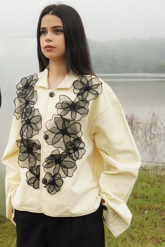 Elara Women Petal Applique Shacket | Beige Cotton Jacket