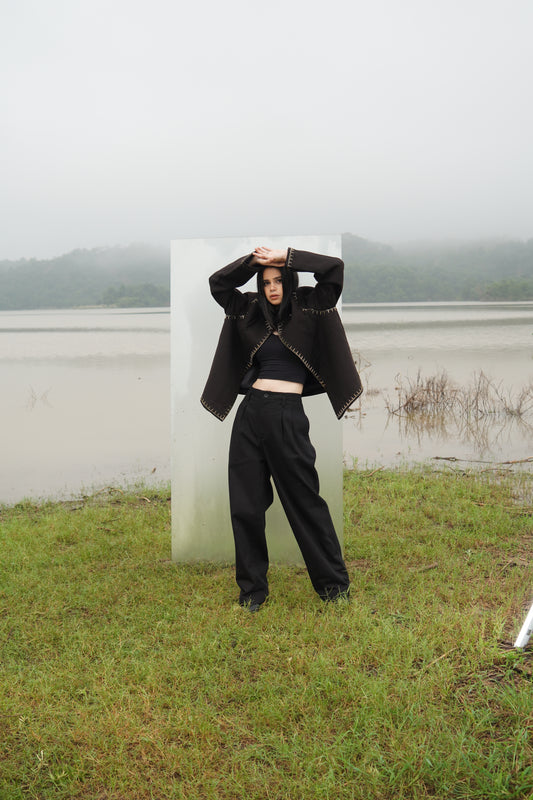 Brown beaded wool jacket, Olivia women with Bungle Beadwork details 
Brown womens beaded wool jacket — very stylish, some bead embroidery