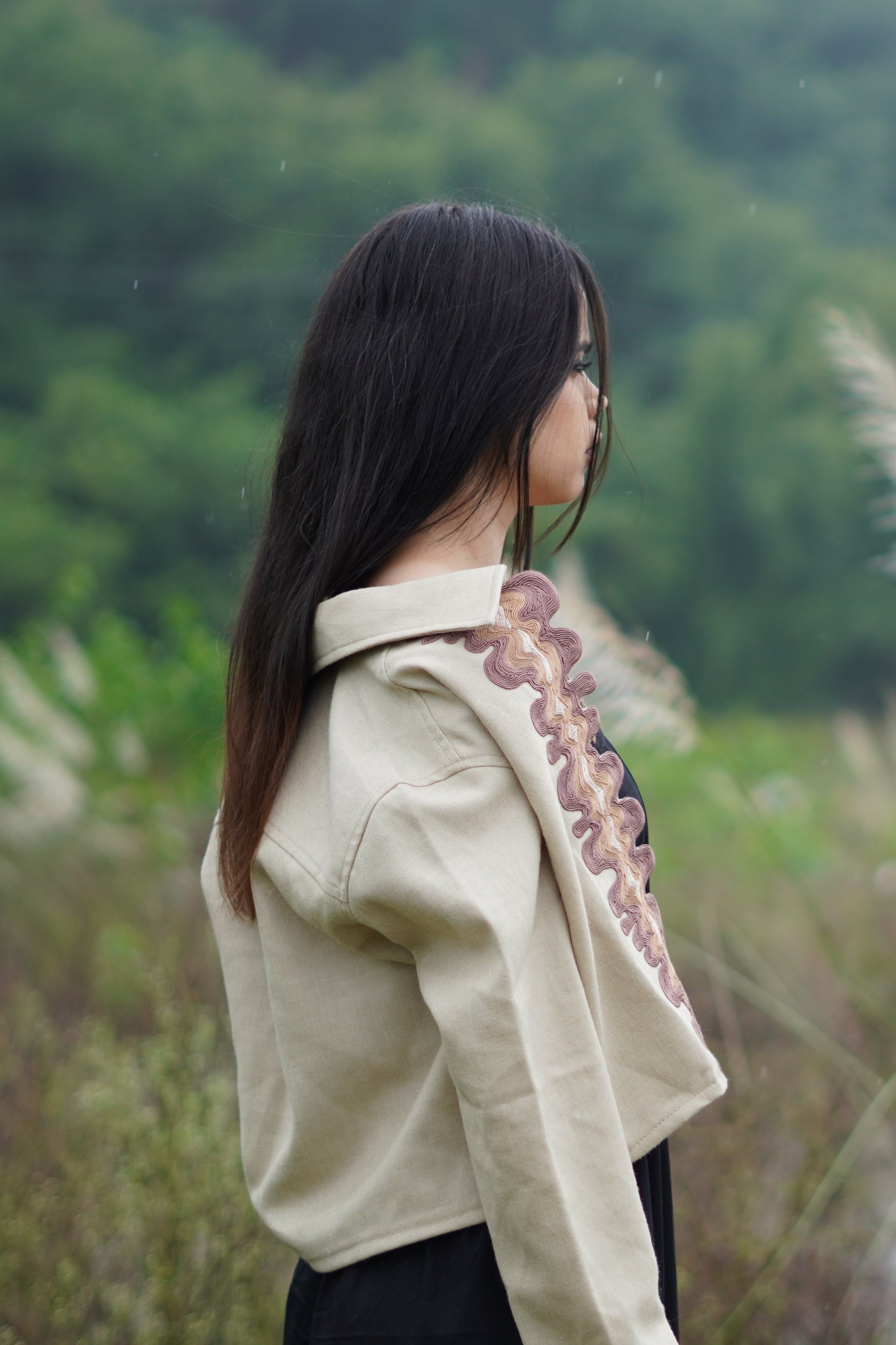 “Kara women’s coat in beige with cording embroidery and merino wool fabric” 