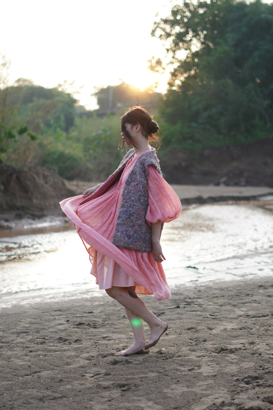 Unisex upcycled blue threads jacket, “Reverie” by threads weaving technique 