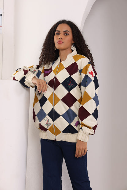 “Parker multicolour patchwork bomber jacket with oversized hand embroidery” 
