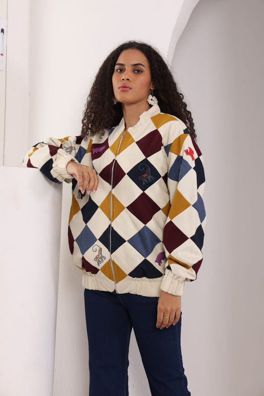 “Parker multicolour patchwork bomber jacket with oversized hand embroidery” 
