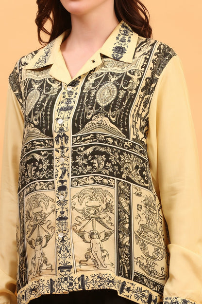 “Yellow Retro Revival silk shirt with delicate printed pattern 